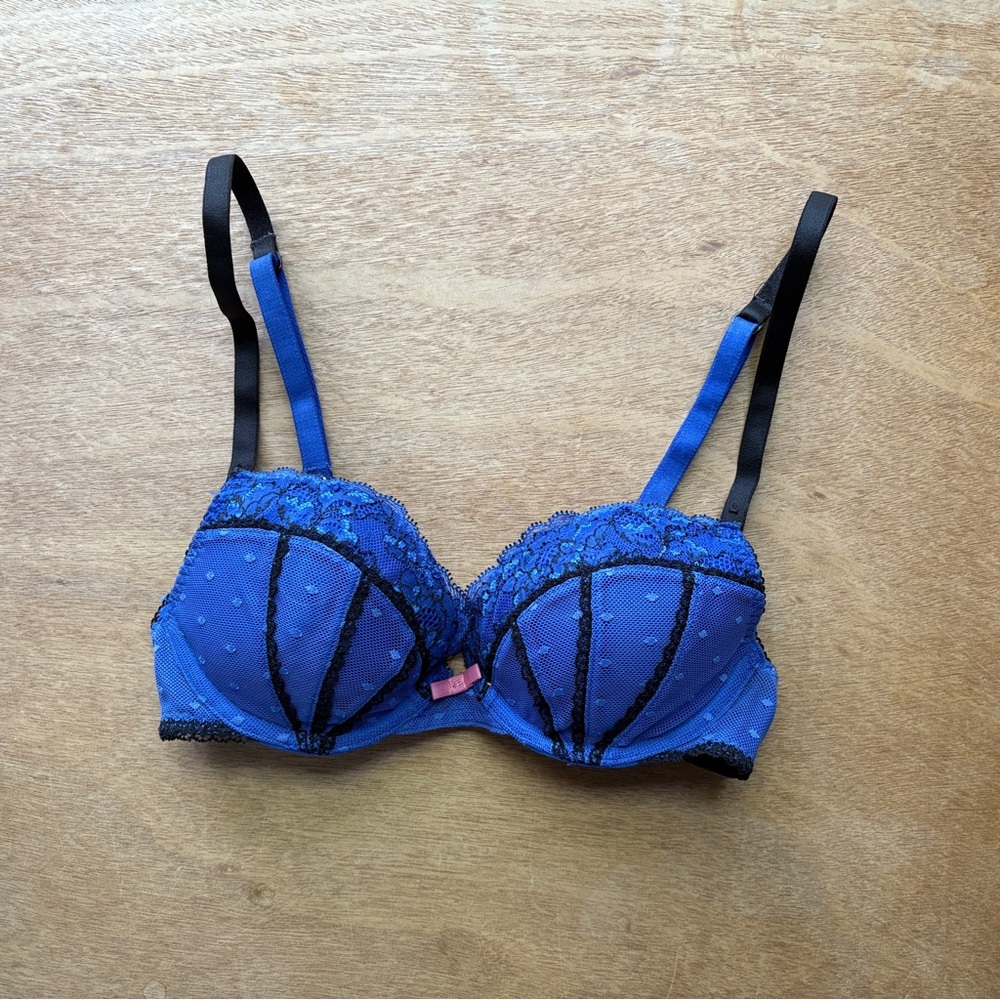 Marks and Spencer M&S Caged Lace Blue/Black Pin-Up Padded Wired Balcony Bra 30B